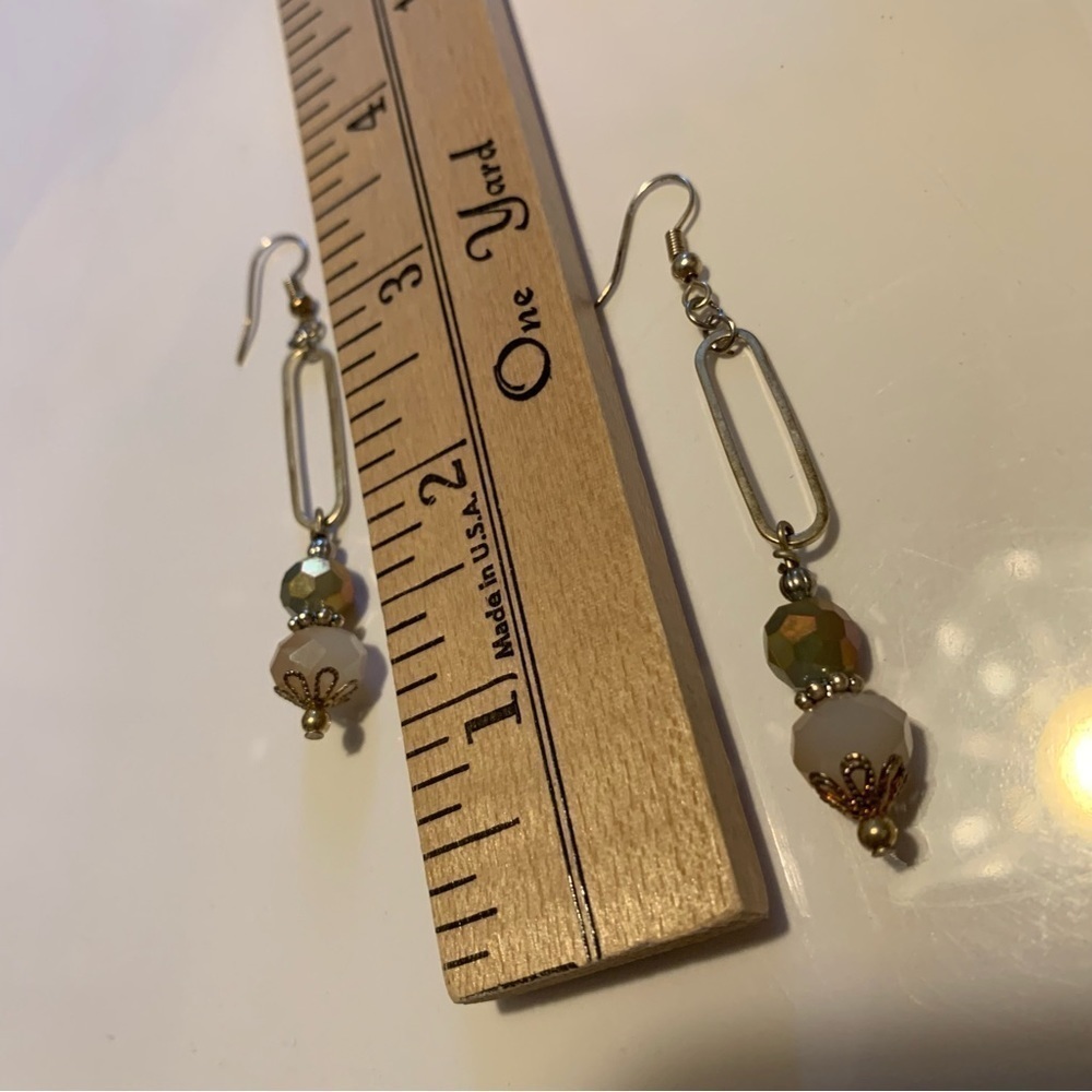 Beaded geometric dangle fish hook earrings artisan handmade champagne neutral - Picture 8 of 9